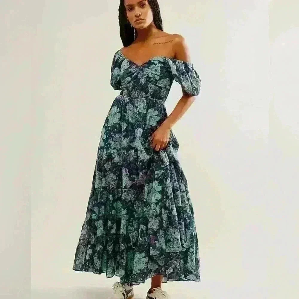 FREE PEOPLE Floral SUNDRENCHED Short Sleeve Maxi Dress Size M - Picture 10 of 12